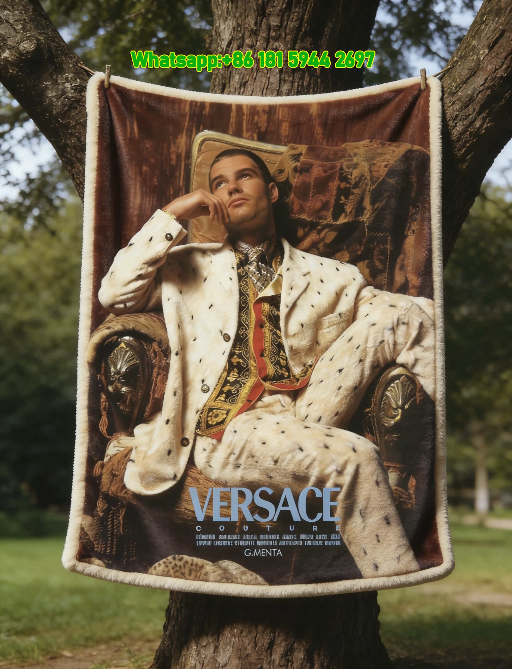 Versace Vintage Beige Black Baroque Print Flannel Sofa Throw Blanket IMG_1638